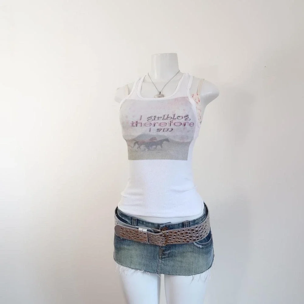 y2k i girlblog therefore i am graphic ribbed tank top fitted cami - Picture 4 of 8